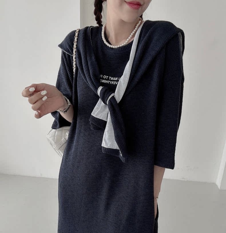 Korean Style Lettered Knit Dress with Cape