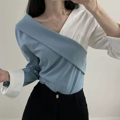 Asymmetrical Color Block Wrap Blouse