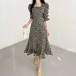 Long Sleeve Square Neck Floral Fishtail Dress