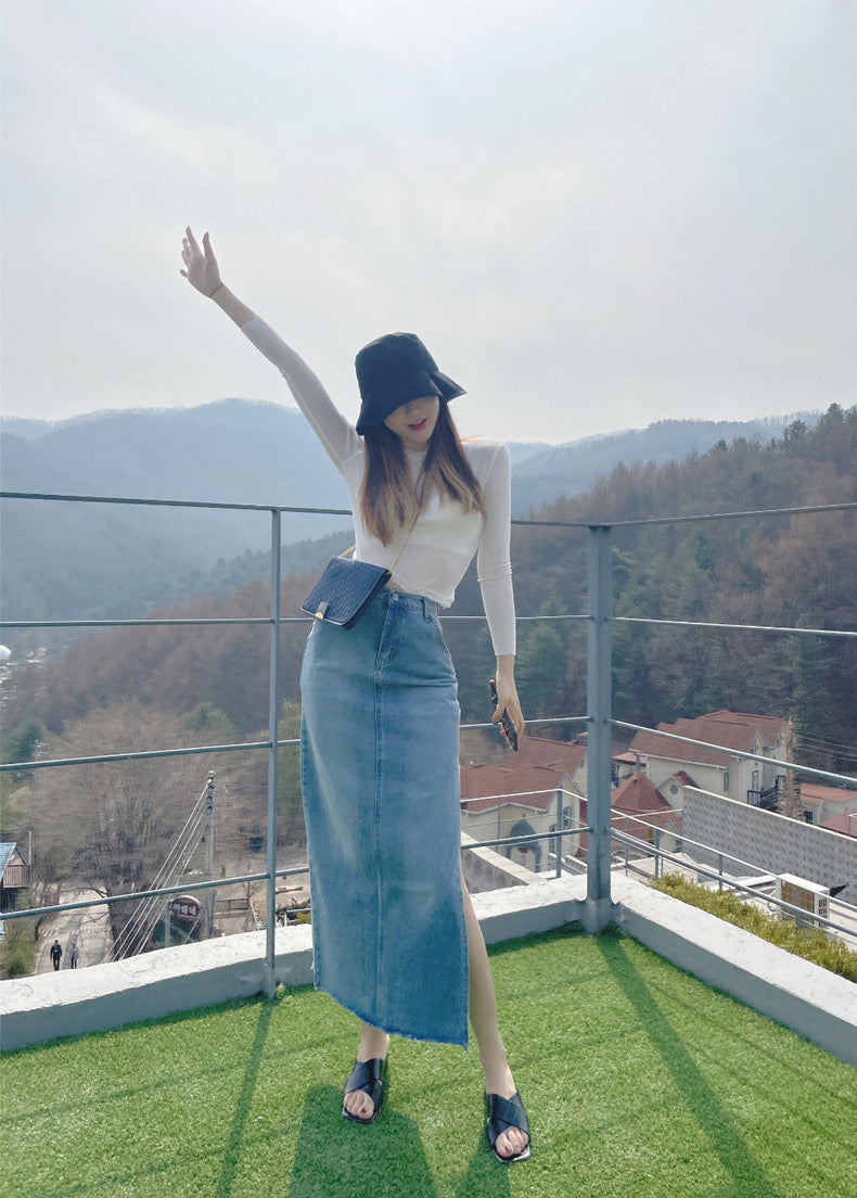 High-Waisted Maxi Denim Skirt with Side Slit