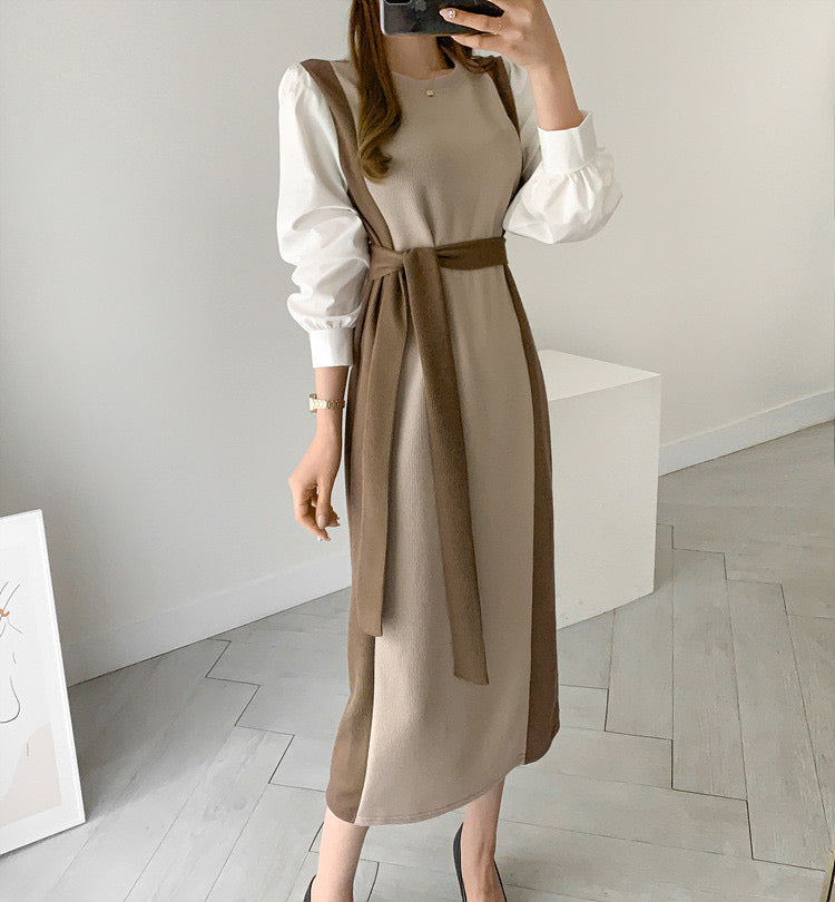 Color Contrast Spliced Sleeve Belted Knit Dress