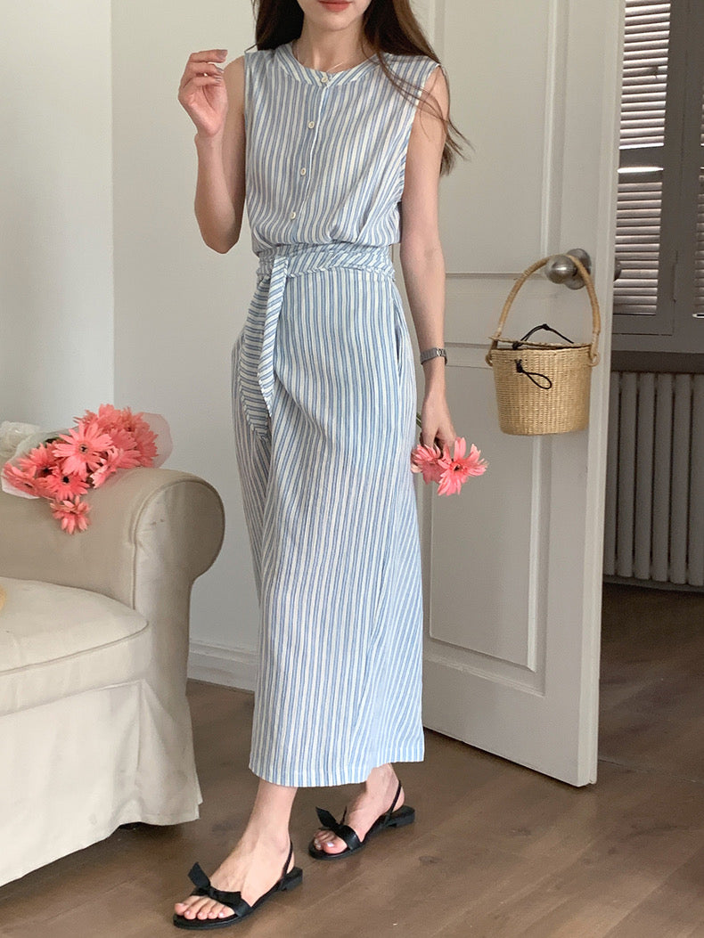 Korean Style Striped Sleeveless Belted Shirt Dress