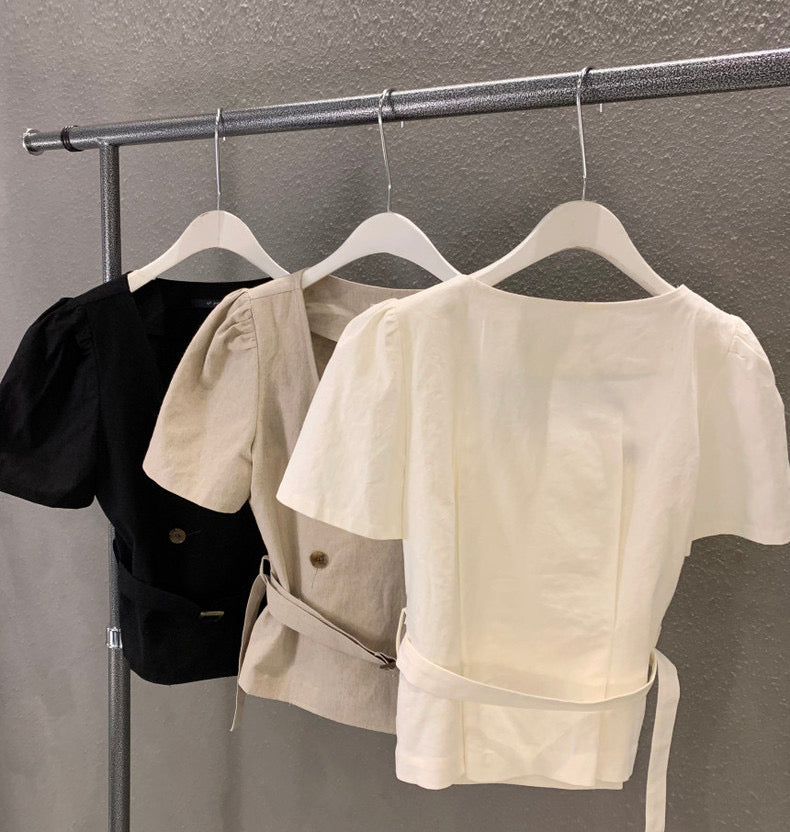 Double Breasted Square Neck Belted Blouse