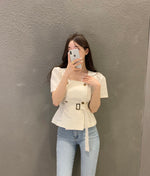 Double Breasted Square Neck Belted Blouse