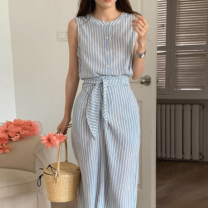 Korean Style Striped Sleeveless Belted Shirt Dress