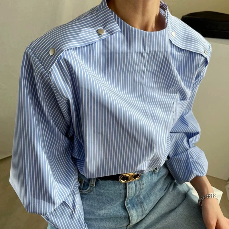 Modern Minimalist Striped Button-Shoulder Blouse