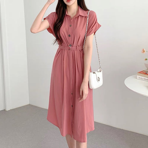 Short Sleeve Belted Button-Up Shirt Dress