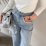 Pearl-Embellished High-Waisted Jeans