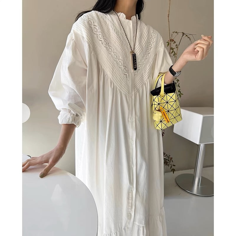 Relaxed Cotton Shirt Dress with Lace Details