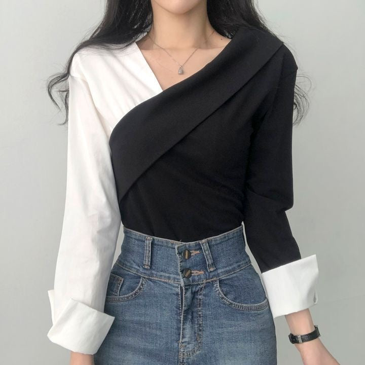 Asymmetrical Color Block Wrap Blouse