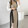 Color Contrast Spliced Sleeve Belted Knit Dress