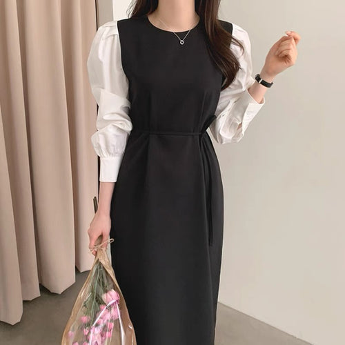 Mock Two-Piece Shirt Sleeve Belted Dress