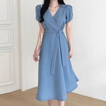 V-Neck Puffed Sleeve Short Sleeve Belted Dress