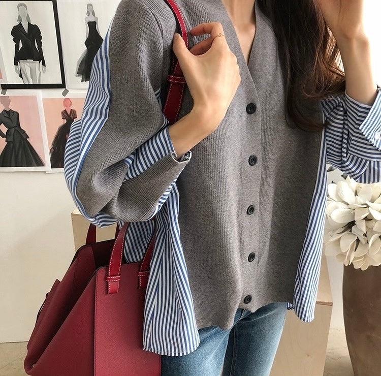 Striped Shirt V-Neck Cardigan