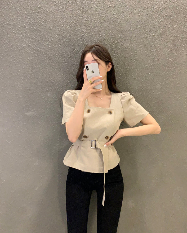 Double Breasted Square Neck Belted Blouse