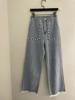 Straight Leg Denim Jeans with Frayed Edges and Pearly Studs