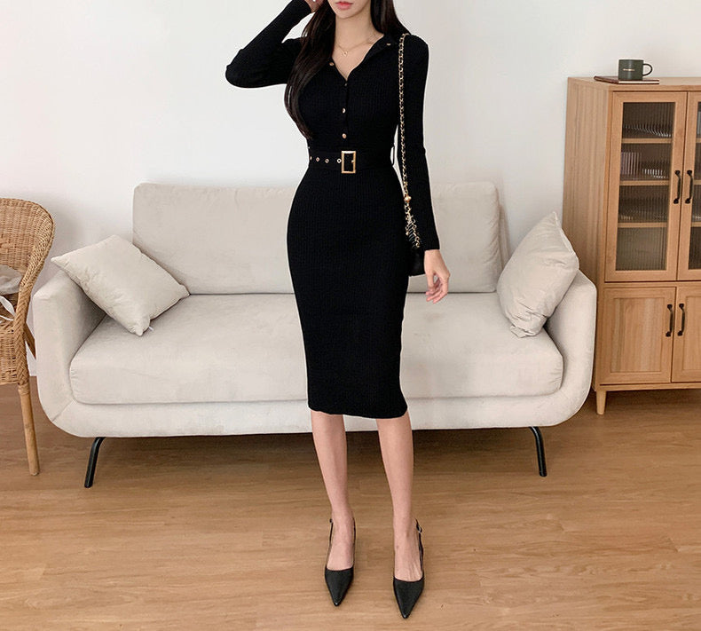 Elegant Ribbed Knit Belted Midi Dress