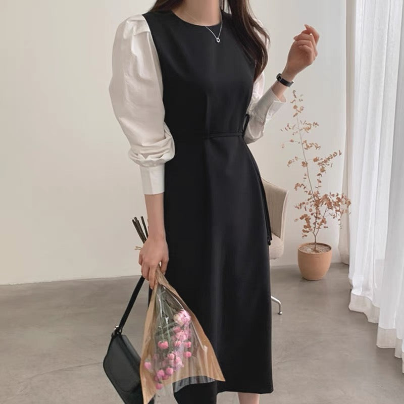 Mock Two-Piece Shirt Sleeve Belted Dress