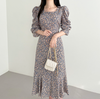 Long Sleeve Square Neck Floral Fishtail Dress