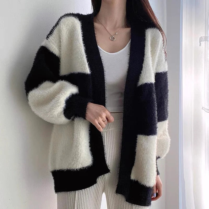 Black & White Faux Mink Cashmere Open Cardigan