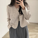 Collarless V-Neck Gray Plaids Tweed Cropped Jacket