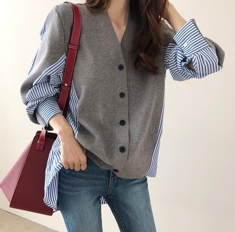 Striped Shirt V-Neck Cardigan