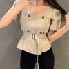 Double Breasted Square Neck Belted Blouse