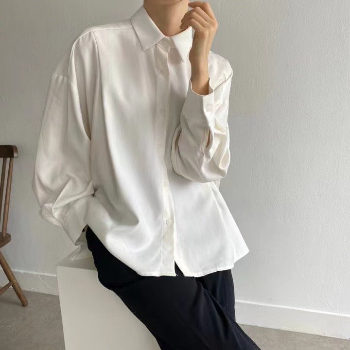 Oversized Pleated Back Button-Up Shirt