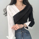 Asymmetrical Color Block Wrap Blouse