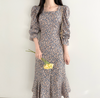 Long Sleeve Square Neck Floral Fishtail Dress