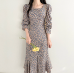 Long Sleeve Square Neck Floral Fishtail Dress