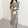 Long Sleeve Square Neck Floral Fishtail Dress