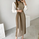 Color Contrast Spliced Sleeve Belted Knit Dress