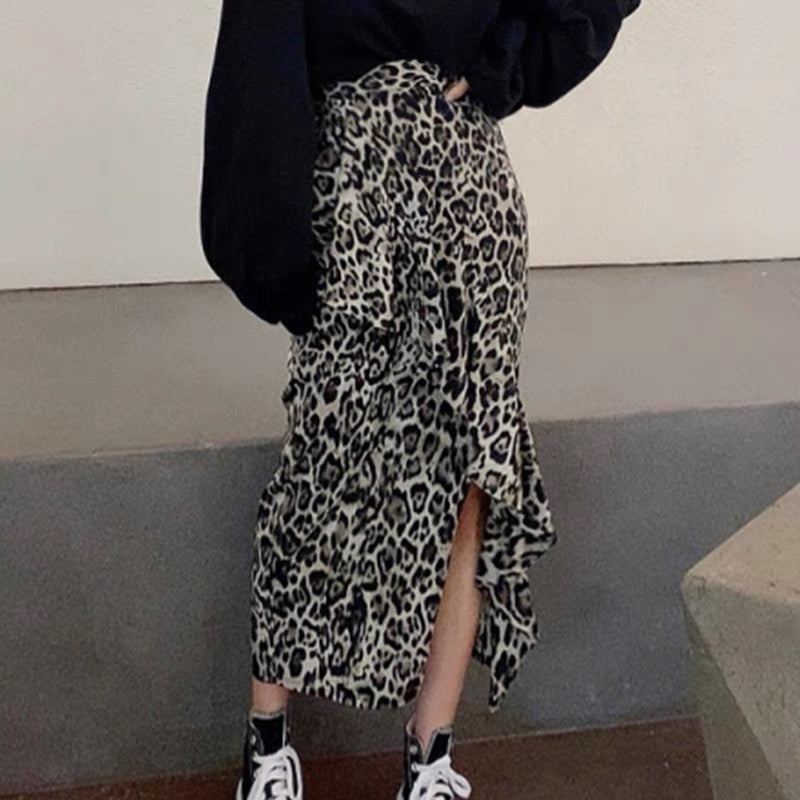 Leopard Asymmetrical Side Slit Skirt