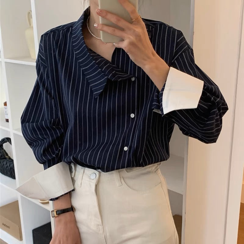 Designer Side Button Striped Blouse