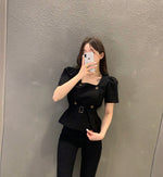 Double Breasted Square Neck Belted Blouse