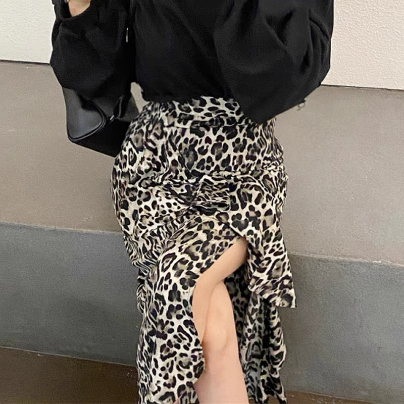 Leopard Asymmetrical Side Slit Skirt