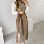 Color Contrast Spliced Sleeve Belted Knit Dress