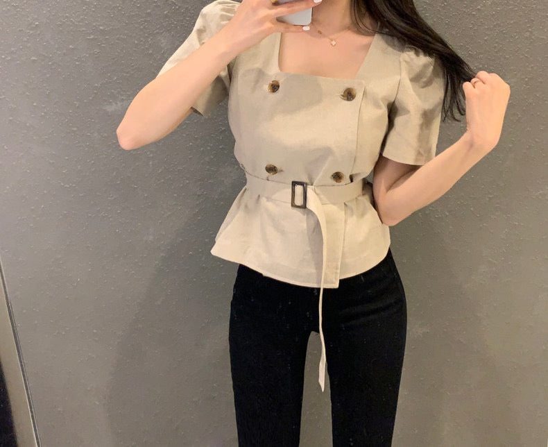 Double Breasted Square Neck Belted Blouse