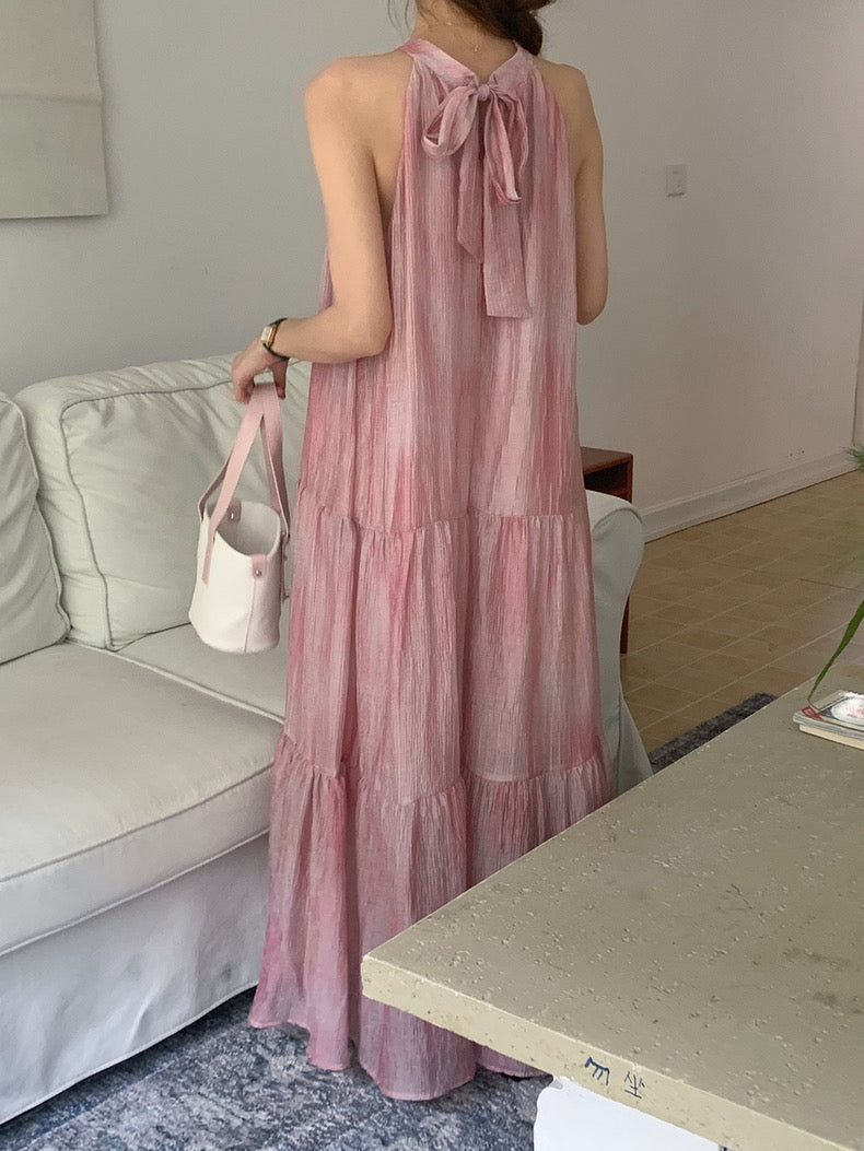 Romantic Gradient Pink Halter Neck Dress