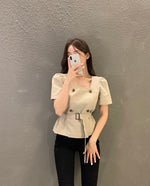 Double Breasted Square Neck Belted Blouse