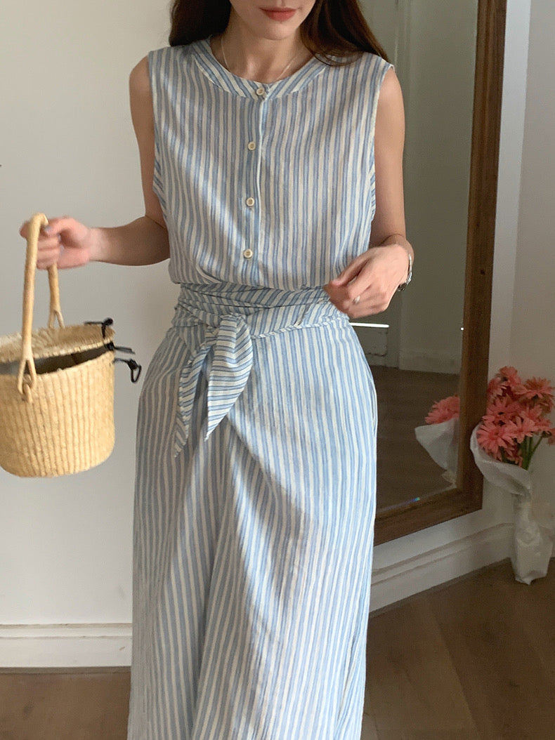 Korean Style Striped Sleeveless Belted Shirt Dress