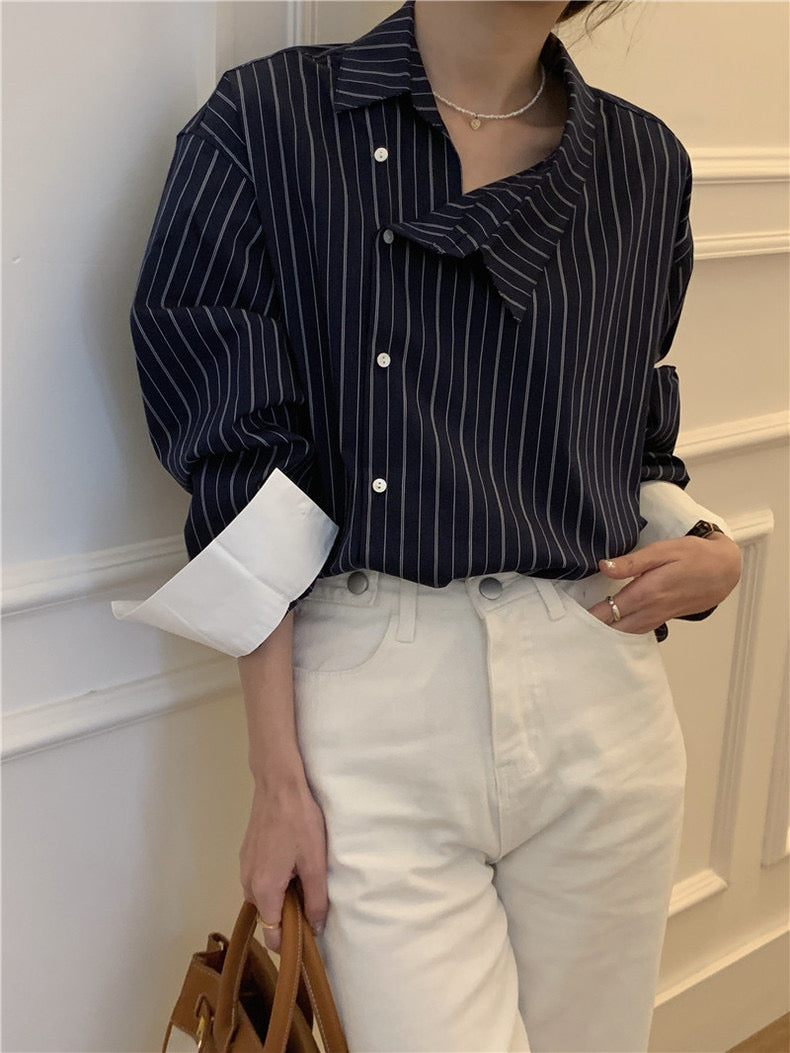 Designer Side Button Striped Blouse