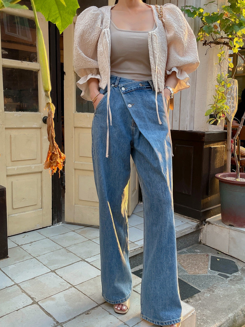 Asymmetric Wrap-Waist Wide-Leg Jeans