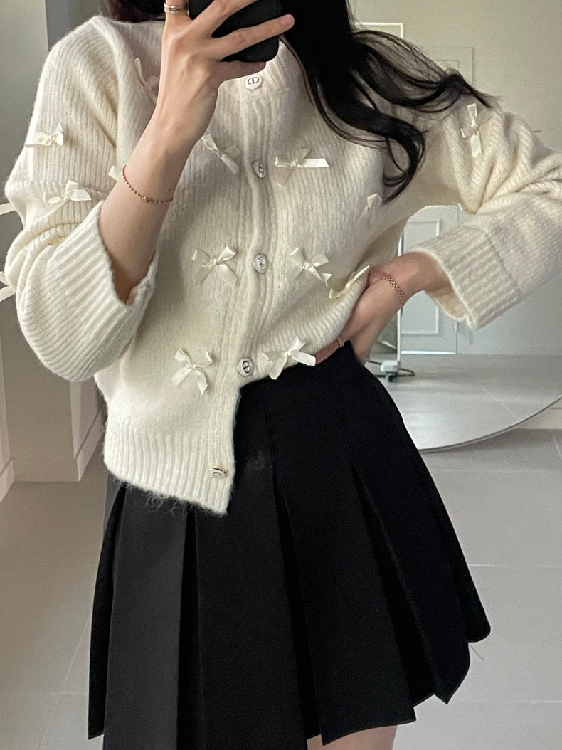 Round Neck Bowtie Ribbon Cardigan