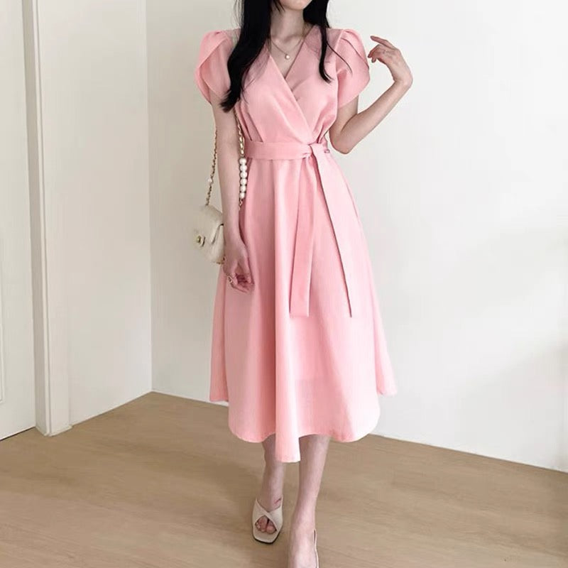 V-Neck Puffed Sleeve Short Sleeve Belted Dress