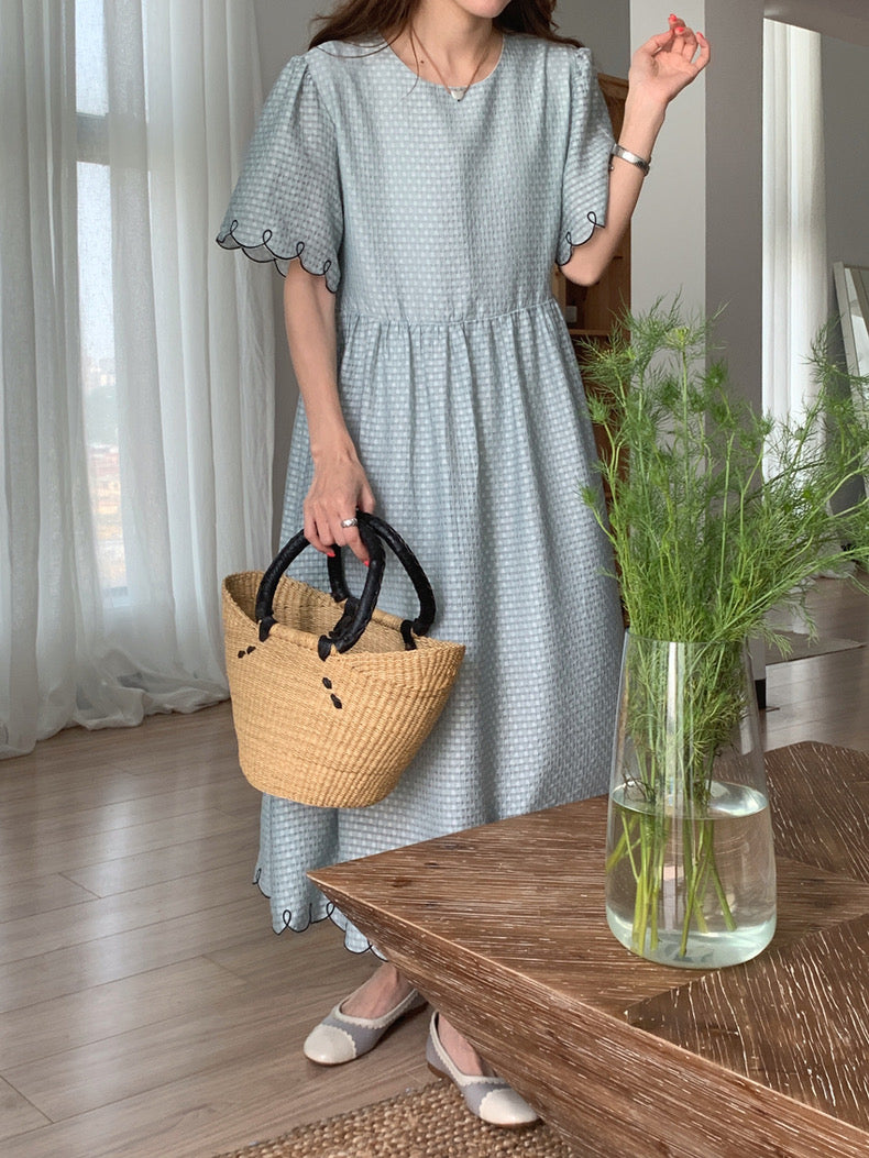 Round Neck Waffle Textured Dress with Scalloped Trims