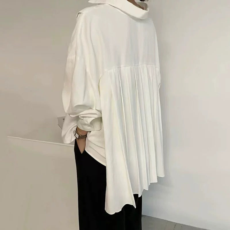 Oversized Pleated Back Button-Up Shirt