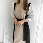 Color Contrast Spliced Sleeve Belted Knit Dress