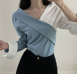 Asymmetrical Color Block Wrap Blouse